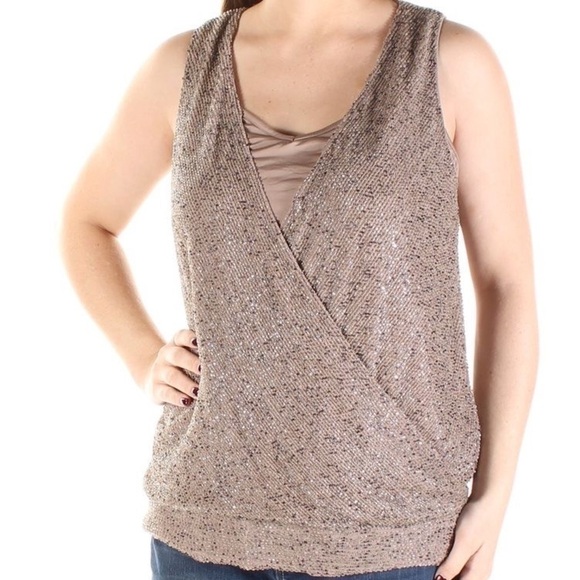 RARE Lauren RL Beaded Formal Taupe Sleeveless Holiday Sparkle Top Size M - Picture 3 of 16